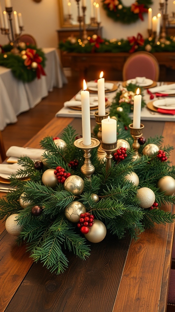 Elegant vintage Christmas table centerpiece with evergreen branches, candle holders, and ornaments on a rustic table.